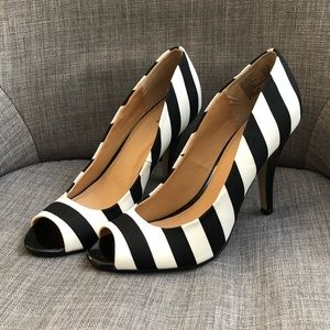 Fioni Black and White Stripe Peep Toe Heels